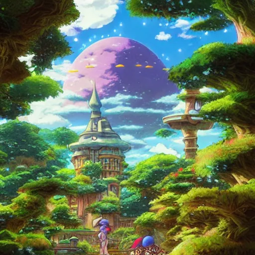 Image similar to photorealistic beautiful world of chrono trigger in the style of studio ghibli and tim white. hyperdetailed photorealism, 1 0 8 megapixels, amazing depth, glowing rich colors, powerful imagery, psychedelic overtones, 3 d finalrender, 3 d shading, cinematic lighting, artstation concept art