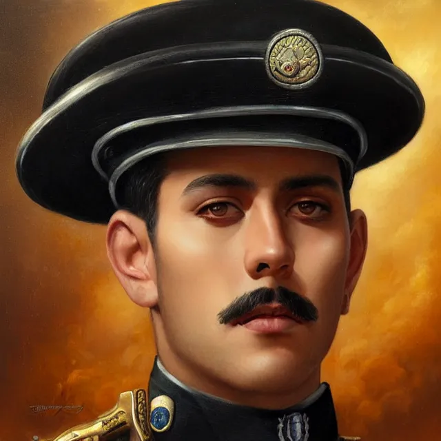 Image similar to portrait of a handsome mexican policeman, art by tom bagshaw and manuel sanjulian and franz xaver kosler