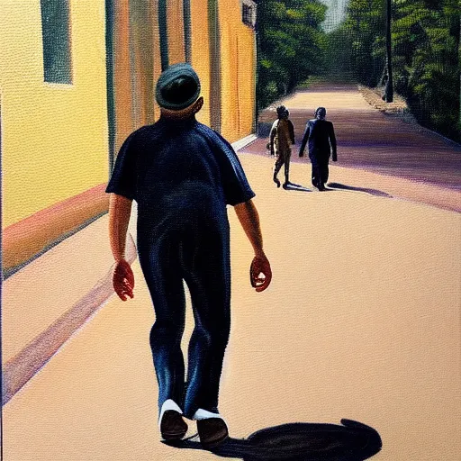 Prompt: A painting of a man with frog feet, walking down the street, photorealistic
