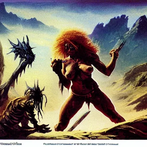 Image similar to Savage battlescarred warrior girl, cavewoman, wild spiky black electrified hair, pelt, torn clothing, savage cloak, scars of battle, bloody, electrical aura, scimitar, primeval fantasy, prehistoric fantasy, orcs, goblins attacking, 1980s pulp fantasy, art by Frank Frazetta and Boris Vallejo