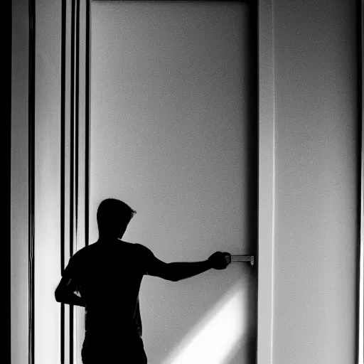 Image similar to silhouette of a man stepping into a door of blinding light. candid shot