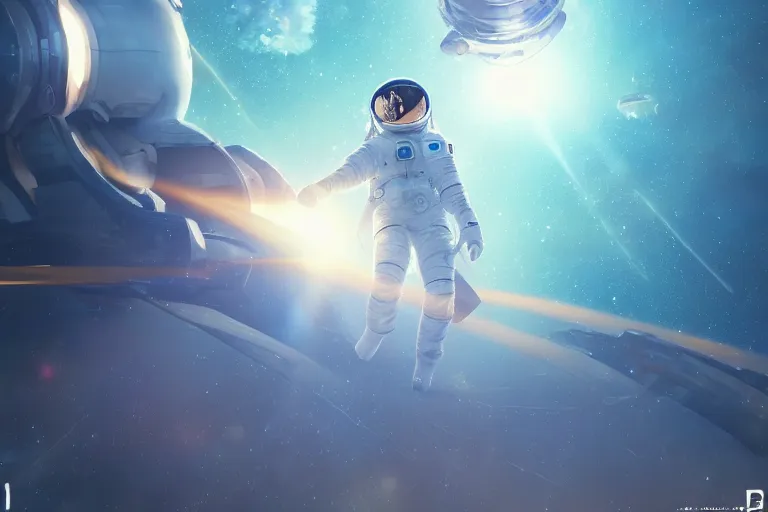 Image similar to astronaut chasing a distant spaceship Anime, wide angle, fine details, cinematic. galaxy starscape. realistic shaded lighting by Ilya Kuvshinov Giuseppe Dangelico Pino and Michael Garmash and Rob Rey greg rutkowski, octane render, IAMAG premiere, aaaa achievement collection, elegant freckles, cinematic hologram, fabulous, daily deviation, annual award winner