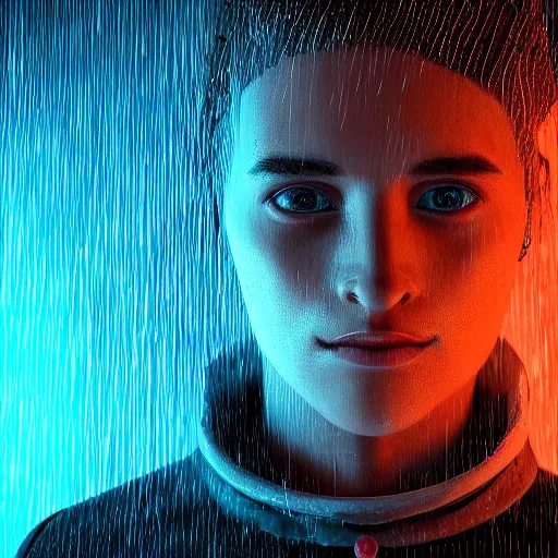 Prompt: a human made out of rain, glowing neon, rendered in octane, unreal engine, highly detailed, realistic, beautiful, emotional