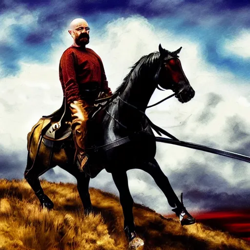 Prompt: walter white from breaking bad wearing medieval armor and riding a horse, matte oil painting