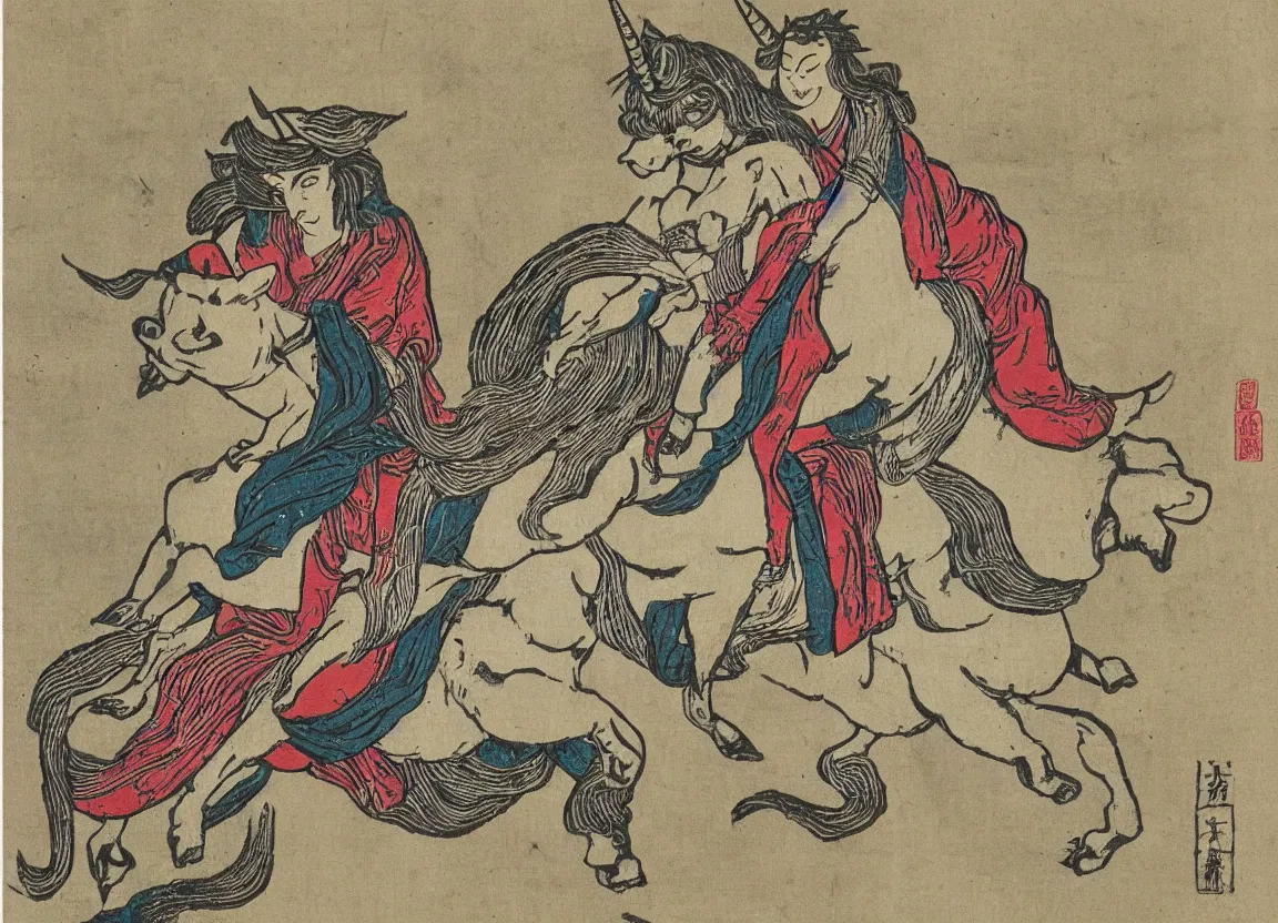 Prompt: woman riding a flying unicorn, woodblock print