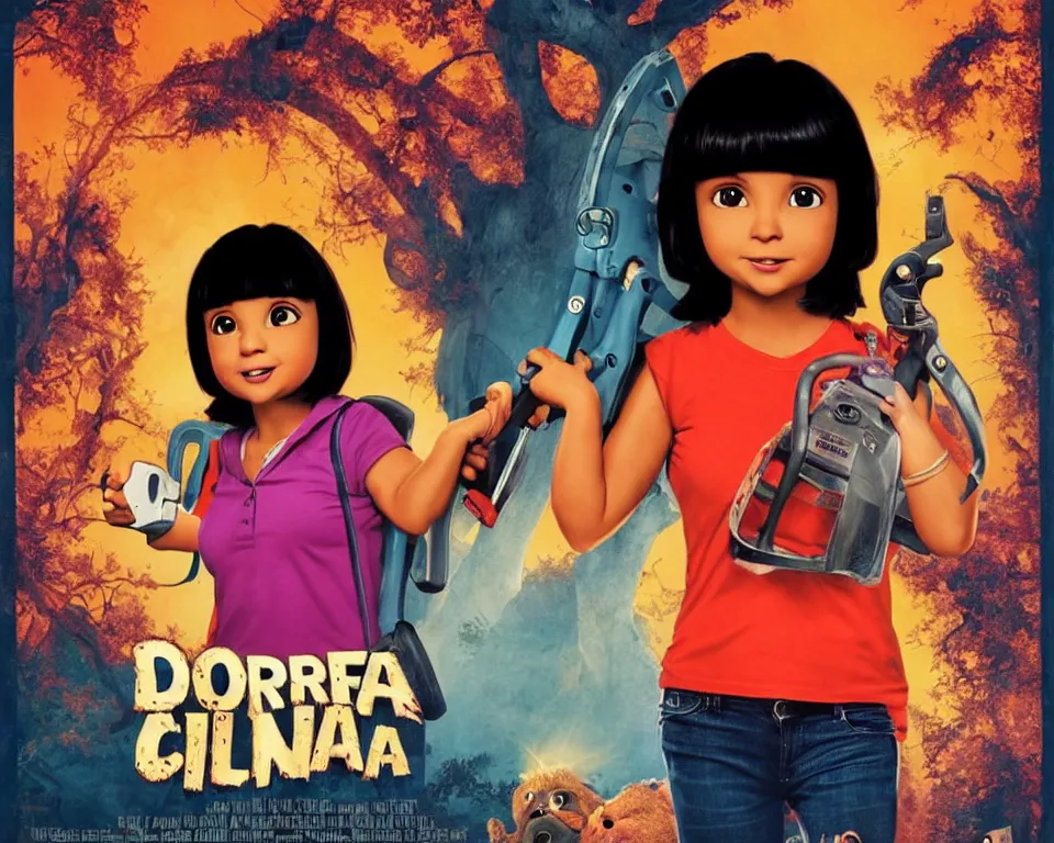 Image similar to a horror movie poster featuring Dora holding a Chainsaw