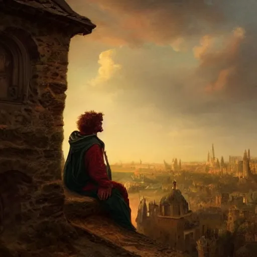 Prompt: a rugged man with curly red hair wearing a green cloak playing a lute sitting on a roof top, medieval setting, entire city visible, zoomed out, night, atmospheric lighting, painted, intricate, volumetric lighting, beautiful, rich deep colours masterpiece, golden hour, oil painting