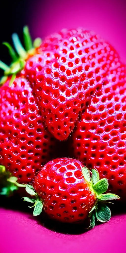 Image similar to a extreme macro photo of a strawberry, hyper realistic, hyper detailed, 35mm, very grainy film, pink volumetric studio lighting, bokeh, black background award winning shot, vogue magazine, cinematic, 8k, very closeup, elegant, tender, pastel W 1024