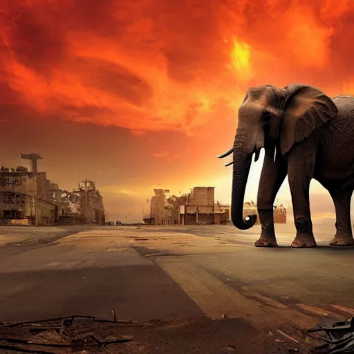 Image similar to elephant in a post apocalyptic city where the sky is on fire