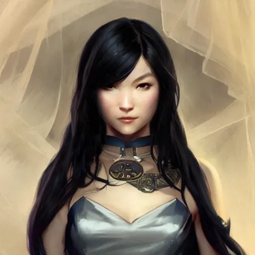 Prompt: cassandra cain in a wedding dress, long black hair, beautiful face!!!!!, cg animation, riot entertainment, arcane, realistic, character select portrait, by artgerm, greg rutkowski, alphonse mucha, 3 d