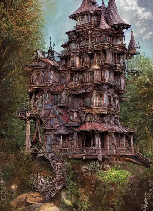 Prompt: highly detailed matte painting of the baba yaga witch's ornate russian style home on tall chicken legs with feet so it can walk around, in the mountain woodlands, witch with her broomstick, 8 k resolution, by android jones