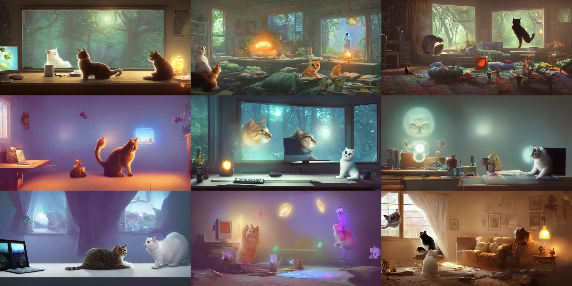 Prompt: a wholesome cottagecore illustration of a cat in a trance looking at the computer monitor create Stable Diffusion AI Art, Discord on monitor, psychedelic, trippy, magic, Pixar and Disney animation, sharp, Rendered in Redshift and Unreal Engine 5 by Greg Rutkowski, Bloom, dramatic lighting