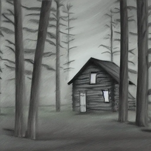 Image similar to a painting of a eerie cabin in the middle of the woods in the style of a charcoal sketch