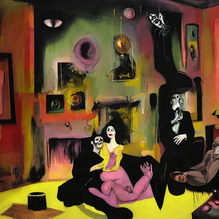 Image similar to Portrait of man and woman feeling love in the living room of a house, floating dark energy surrounds them. There is one plant to the side of the room, surrounded by a background of dark cyber mystic alchemical transmutation heavenless realm, fish eye lens, expressionist artwork by francis bacon and Jenny seville, midnight hour, part by adrian ghenie, part by jeffrey smith, part by josan gonzales, part by genieve figgis, part by norman rockwell, part by phil hale, part by kim dorland, artstation, highly detailed