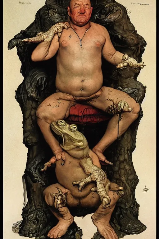 Image similar to upper body portrait of clean-shaven ray winstone as a toad hybrid high priest by norman rockwell and boris vallejo