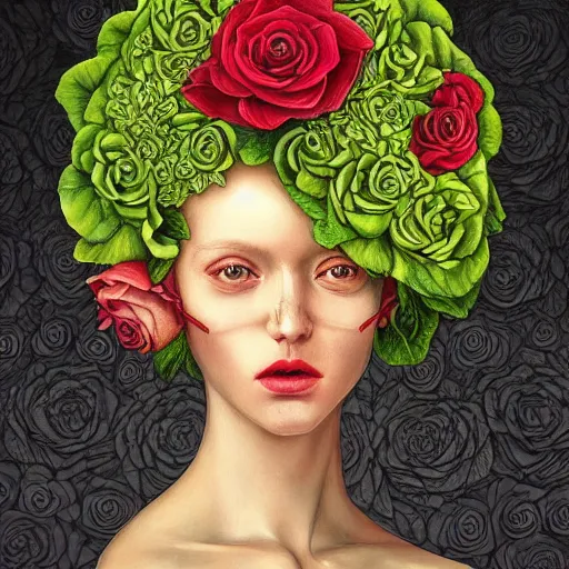 Image similar to the anatomy of a head of lettuce with roses that resembles a beautiful woman, an ultrafine detailed painting by james jean, intricate linework, bright colors, final fantasy, behance contest winner, vanitas, angular, altermodern, unreal engine