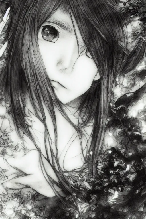 Prompt: a portrait of a character in a scenic environment by Yoshitaka Amano, black and white, dreamy, dark eyes, wavy silver hair, highly detailed