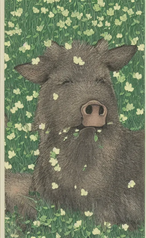 Prompt: by akio watanabe, manga art, a boar relaxing in a field of clovers, trading card front