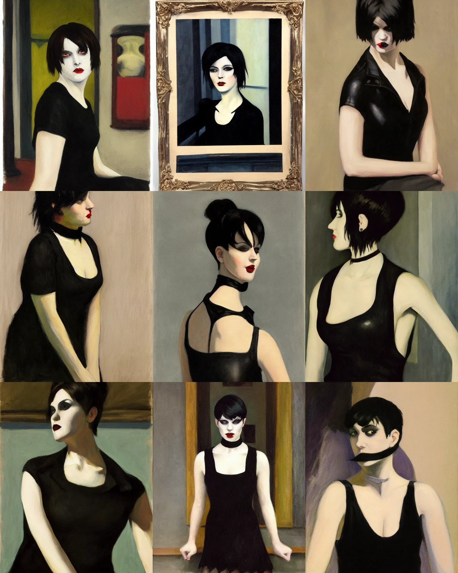 Prompt: A goth portrait painted by Edward Hopper. Her hair is dark brown and cut into a short, messy pixie cut. She has a slightly rounded face, with a pointed chin, large entirely-black eyes, and a small nose. She is wearing a black tank top, a black leather jacket, a black knee-length skirt, a black choker, and black leather boots.