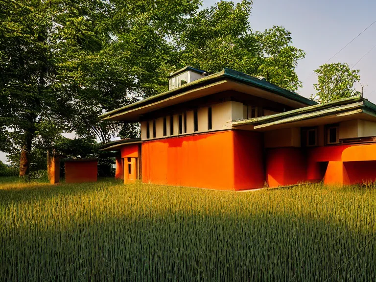 Image similar to hyperrealism colour design by frank lloyd wright and kenzo tange photography from 5 point of perspective of beautiful detailed small solarpunk house with many details in small detailed ukrainian village designed by taras shevchenko and wes anderson and caravaggio, wheat field behind the house, around the forest volumetric natural light