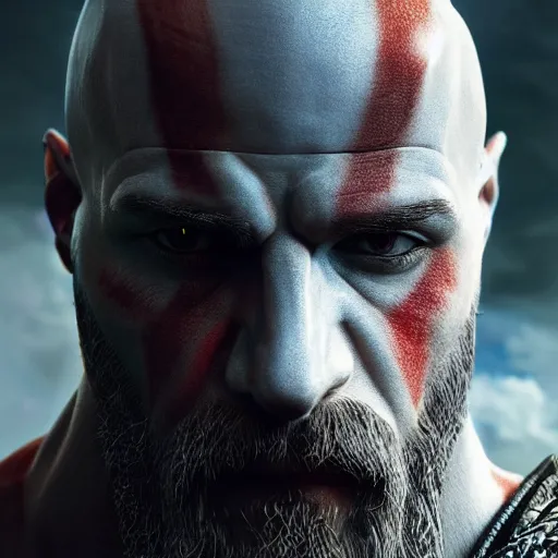 Image similar to portrait of kratos, intricate artwork, concept art, octane render, deviantart, cinematic, key art, hyperrealism, iridescent accents, portrait photograph, nikon 3 5 mm, photograph by greg rutkowski