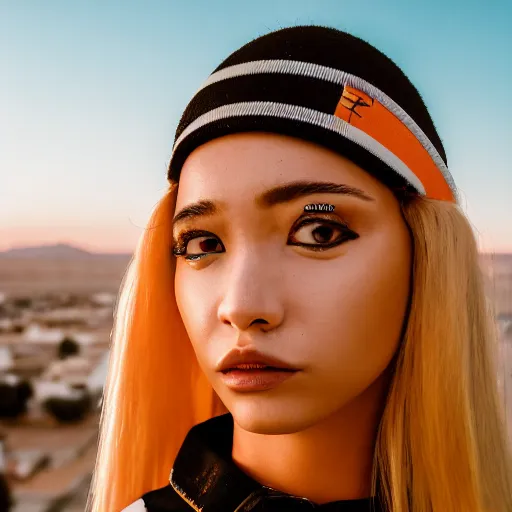 Image similar to photographic portrait of a streetwear woman, closeup, on the rooftop of a futuristic city overlooking a desert oasis, sigma 85mm f/1.4, 4k, depth of field, high resolution, 4k, 8k, hd, full color