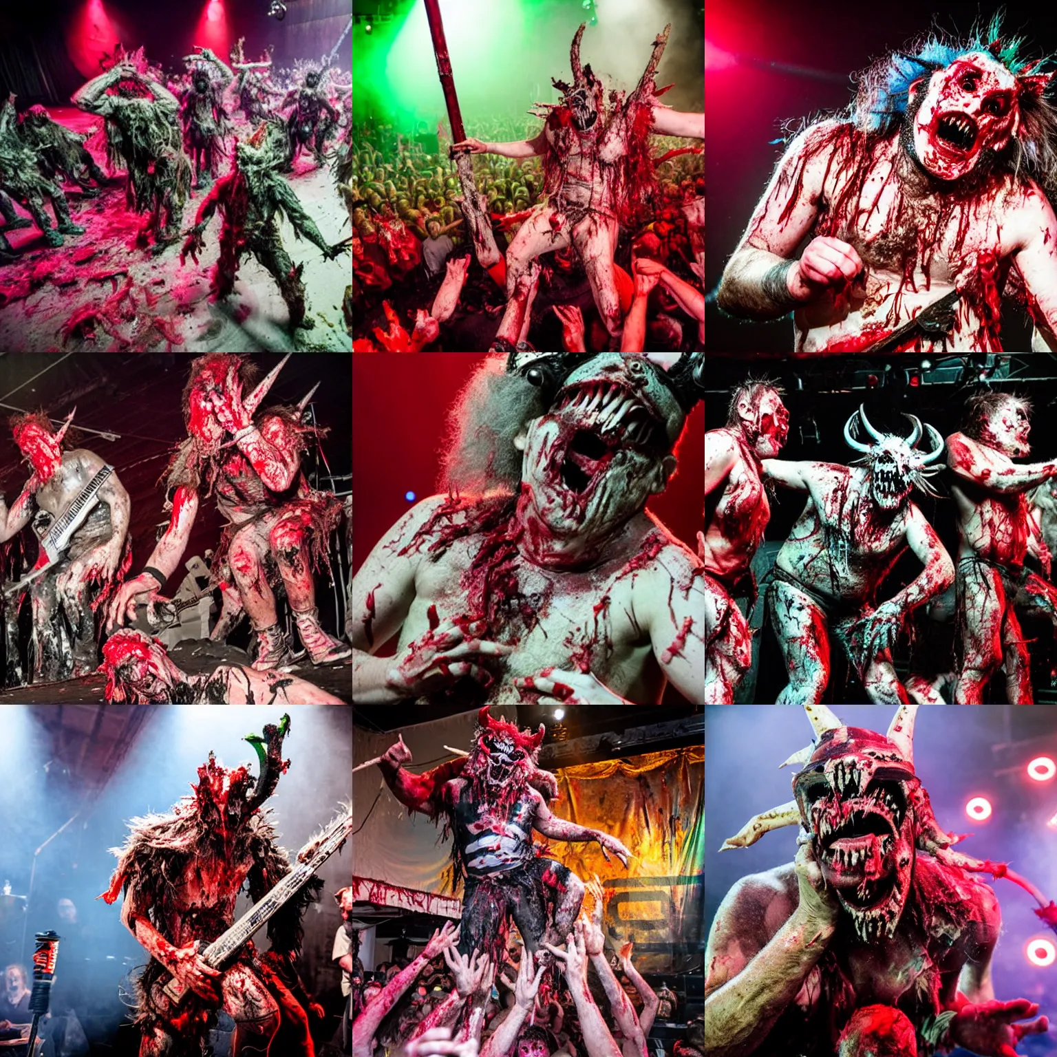 Prompt: GWAR performing on stage covered in blood, in the style of Salvador Dali