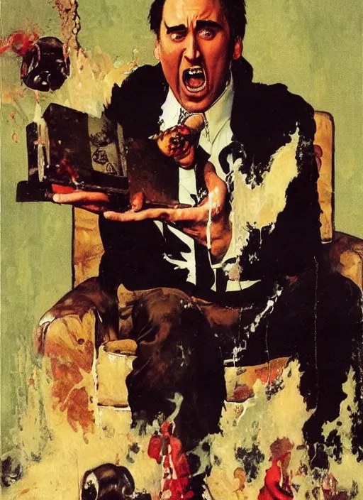 Image similar to nicholas cage screaming about crazy evil in his own living room, painted by norman rockwell and phil hale and tom lovell and frank schoonover