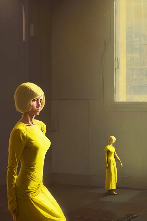 Image similar to highly detailed full body shot of an invisible woman wearing a tunic made of yellow paper, gta v, stephen bliss, unreal engine, fantasy art by greg rutkowski, rhads, ferdinand knab, makoto shinkai and lois van baarle, ilya kuvshinov, rossdraws, tom bagshaw, global illumination, radiant light