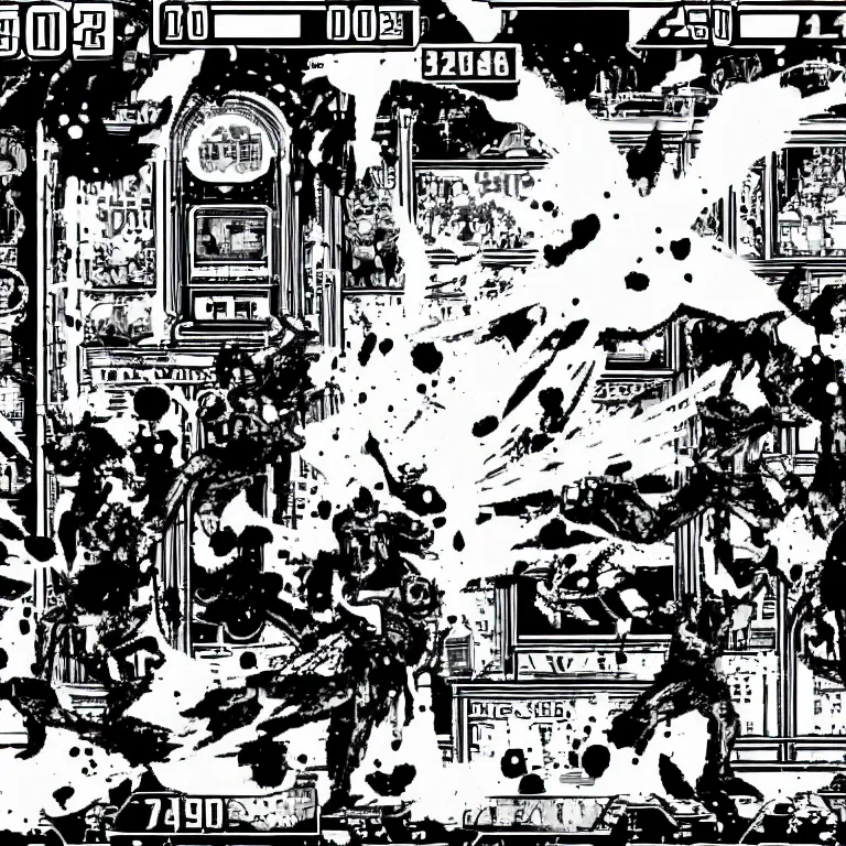 Prompt: ghostly battle arcade vintage fighting game in black and white with blood splatters from the bare knuckle fighting combo with crazy hud GUI from the year 3001