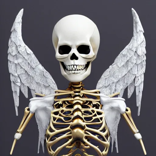 Prompt: white and gold skeleton with angel wings, trending on artstation, hiper realistic,