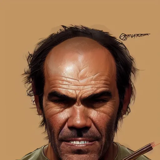 Image similar to trevor philips face on noodles, highly detailed, digital painting, artstation, concept art, smooth, sharp focus, illustration, art by artgerm and greg rutkowski and alphonse mucha