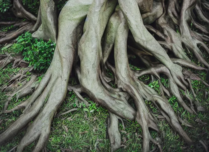 Prompt: dslr esculpture made from roots interwovem in the shape of a woman, 2 4 mm f 1. 8