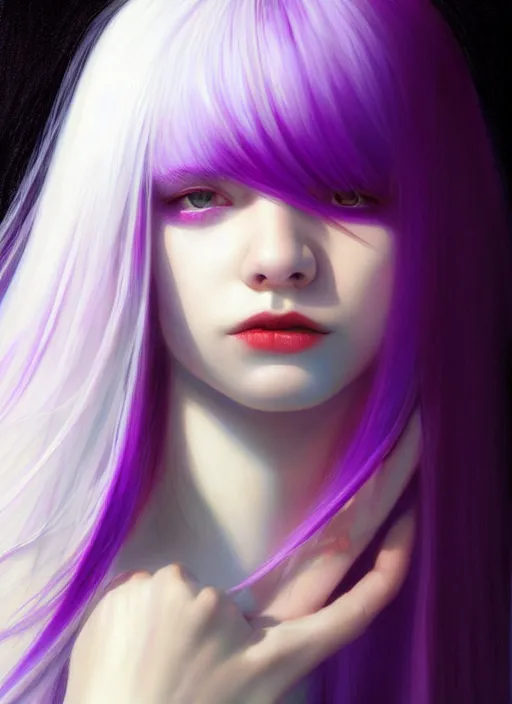 Image similar to hair whitebangs hair, black hair, whitebangs, portrait of teenage girl with white bangs, red irises, purple clothes, white bangs, bangs are different color from hair, intricate, elegant, glowing lights, highly detailed, digital painting, artstation, concept art, smooth, sharp focus, illustration, art by wlop, mars ravelo and greg rutkowski