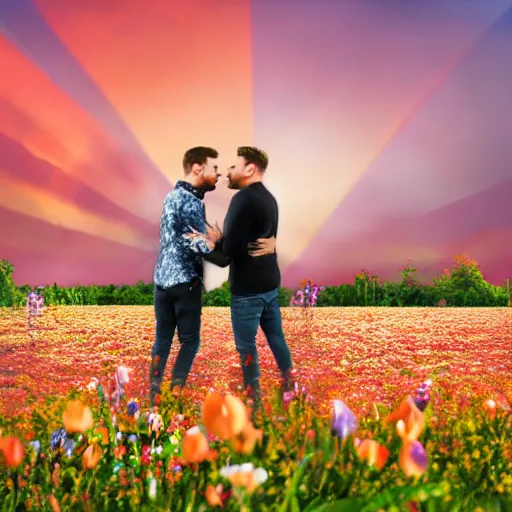 Image similar to a gay couple together in a field of flowers at sunset, realistic, intricate, 4k