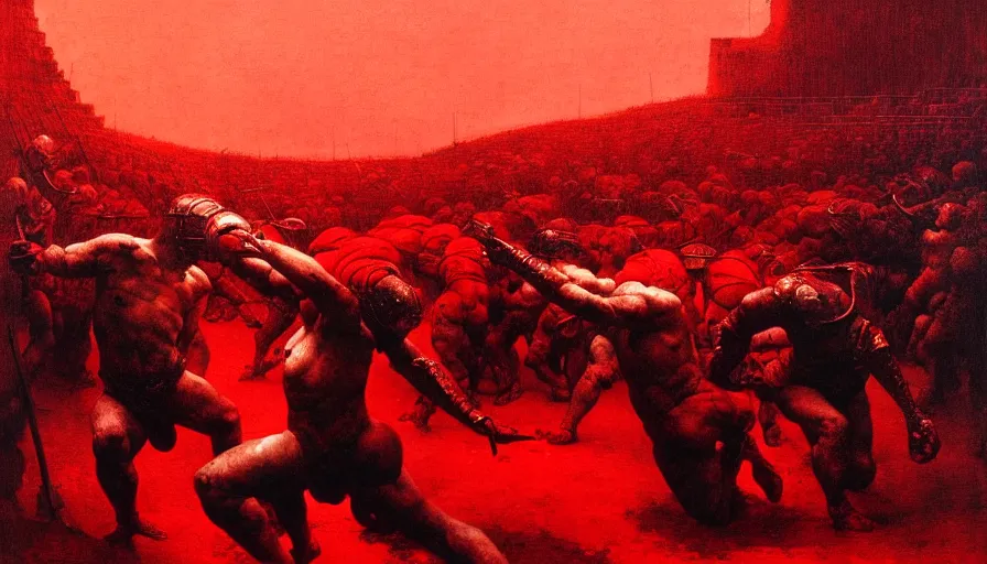 Prompt: only with red, an armored gladiator in a crowded roman amphitheatre, crowd cheering, in the style of beksinski and edward hopper and rodcenko and yue minjun and rolf armstrong, intricate and epic composition, red by caravaggio, highly detailed, masterpiece, red light, artstation