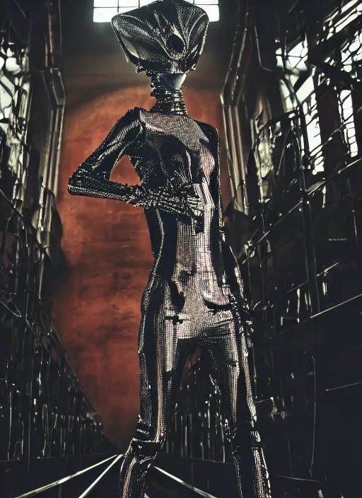 Image similar to walking down the catwalk, steven klein, ben watts, show, stage, vogue photo, podium, fashion show photo, iris van herpen baroque dress, beautiful woman, perfect body, full body shot, helmet on face, masterpiece, guyver, biomechanical details, denis villeneuve, movie still, fauvism, cinestill, bokeh