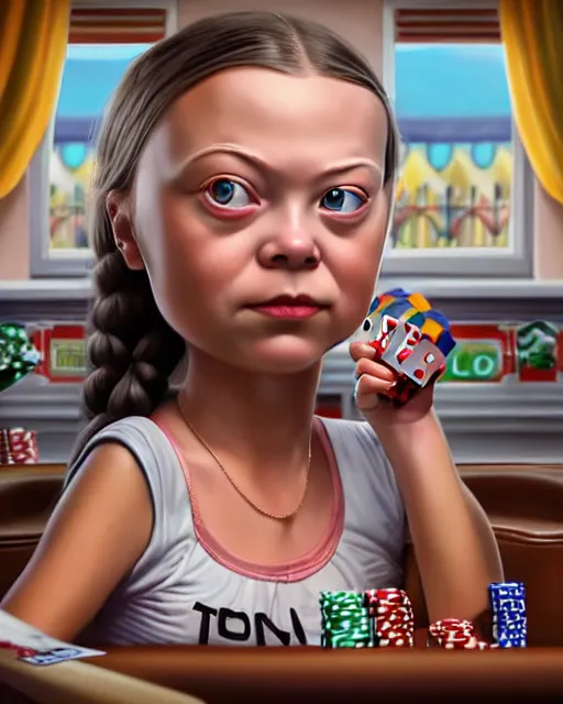 Image similar to closeup profile portrait of a low poly tin toy greta thunberg as a gangster's moll in a gambling den, bikini, hyper realistic, artstation, illustration, nicoletta ceccoli, mark ryden, lostfish, max fleischer, digital paint, matte paint, vivid colors, bright, cheerful, detailed and intricate environment