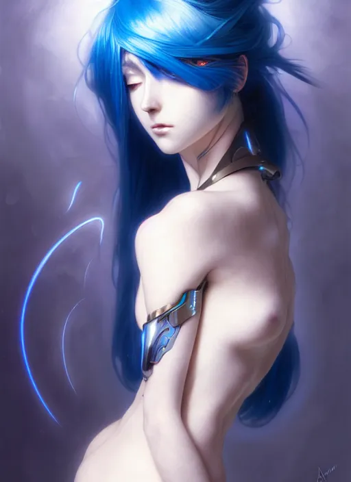 Image similar to beautiful anime cyborg woman, blue hair, blue light, diffuse lighting, fantasy, intricate, elegant, highly detailed, lifelike, photorealistic, digital painting, artstation, illustration, concept art, smooth, sharp focus, art by John Collier and Albert Aublet and Krenz Cushart and Artem Demura and Alphonse Mucha