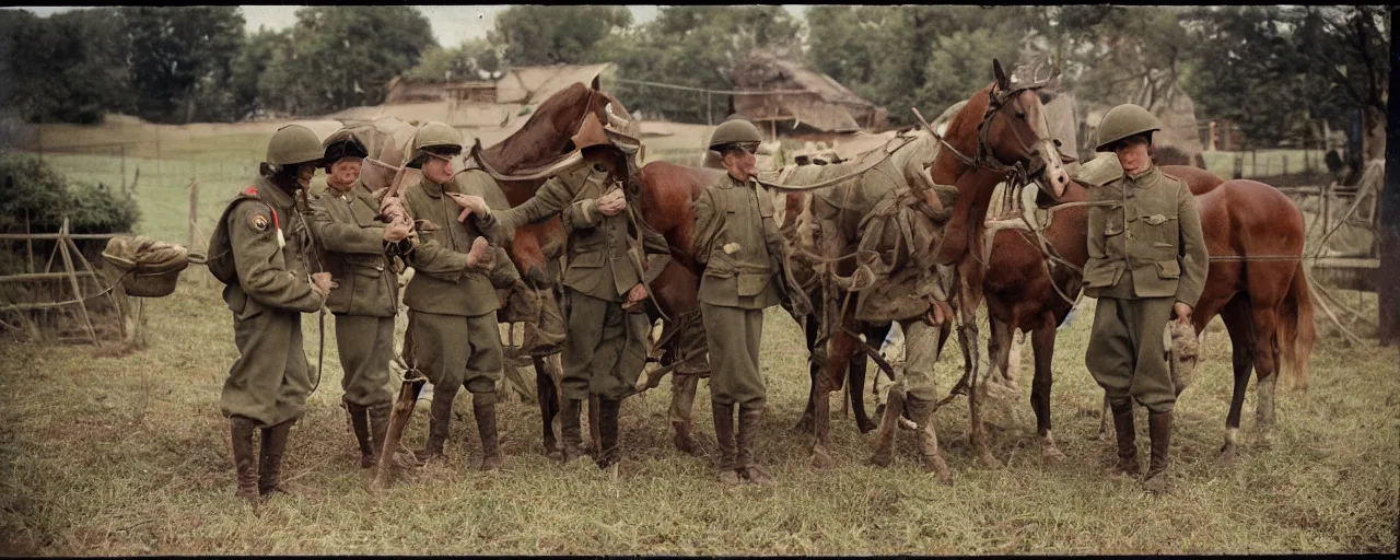 Image similar to soldiers feeding horses spaghetti, world war 1, canon 5 0 mm, kodachrome, in the style of wes anderson, retro