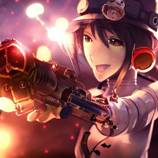 Image similar to anime girl destroying steampunk robots with guns with a steampunk katakana, epic, extremely detailed, sparks, particles, cinematic lighting,
