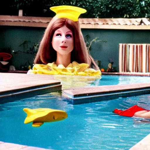 Image similar to a woman wearing a long nose in a swimming pool live-action childrens television show 1974 technicolor