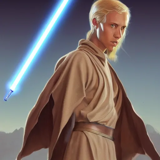 Image similar to full body Over-the-Shoulder Shot of a young blonde male jedi with short hair concept art by Doug Chiang cinematic concept art, realistic painting, high definition, digital art, matte painting, symmetrical, very detailed, realistic, dramatic lighting, cinematic, establishing shot, extremely high detail, photo realistic, cinematic lighting, post processed, concept art, artstation, matte painting, red color scheme, the Mandalorian concept art style