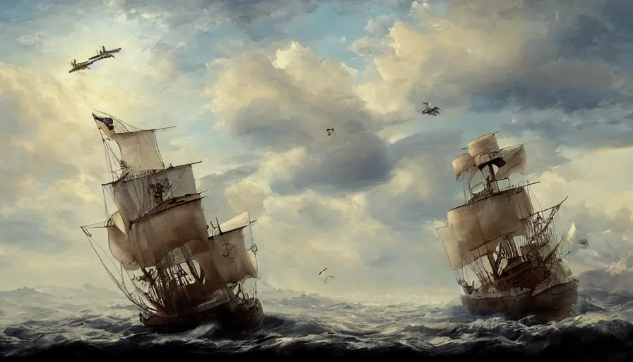 Image similar to a large pirate airship flying among the clouds, soaring through the sky, realist painting, pirate, beautiful, highly detailed, trending on art station