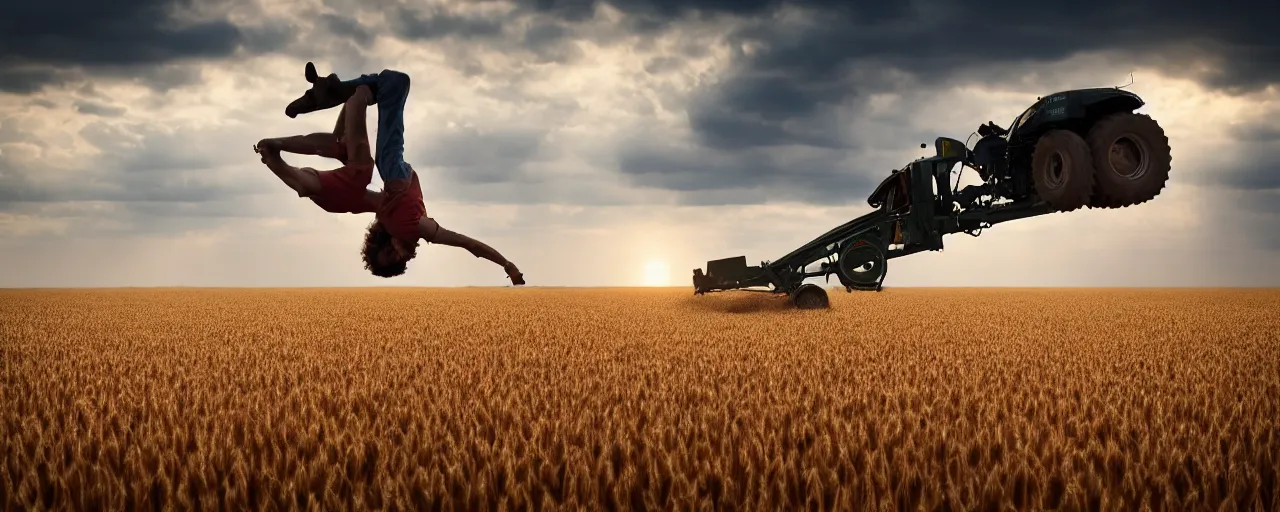 Prompt: jesus doing a backflip over a tractor in a wheat field, dramatic lighting, low angle, 4 k