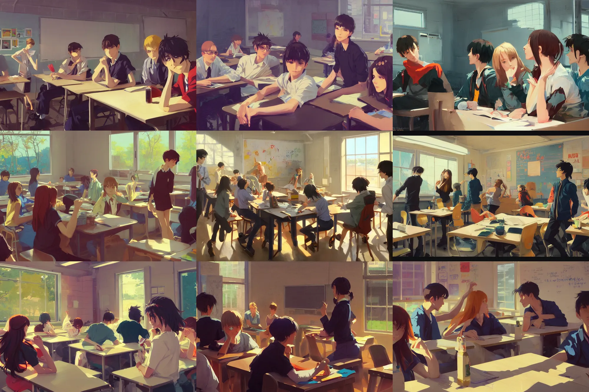 Prompt: high school classroom scene spring setting, expert high detail concept art, perfect proportions fine face, tall handsome guys, bold colors, colorful, sharp focus, realistic shaded lighting poster ilya kuvshinov, katsuhiro, jeremy lipkin, makoto shinkai, loish and clamp style, trending on art station, expert artist