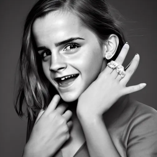 Image similar to A photo of laugh emma watson show wedding ring on his fingers. 50 mm. perfect ring. award winning photography