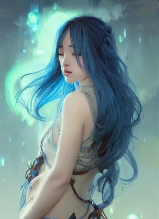 Prompt: stunningly beautiful female blue hair, dj sura face, fantasy art, dark light night, sharp focus, digital painting, 8 k, concept art, art by wlop, artgerm, greg rutkowski and alphonse mucha