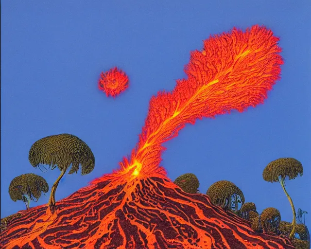 Prompt: roger dean 1 9 8 0 s fire lava volcano imagery, illustration art, album art