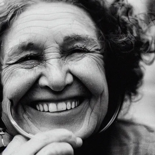 Image similar to an old woman smiling. she has a thin transparent oxygen tubing under her nose